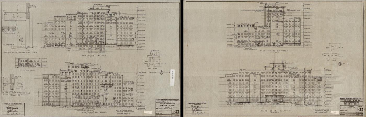 Left: Original Plan, DVAMC Building 1, South and North Elevations, 1948, (REV. 1954). Right: Original Plan, DVAMC Building 1, West and East Elevations, 1948, (REV. 1954).