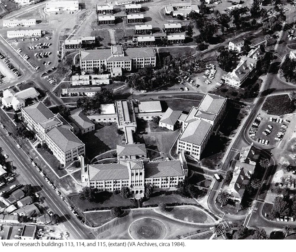 View of research buildings 113, 114, and 115, (extant) (VA Archives, circa 1984).