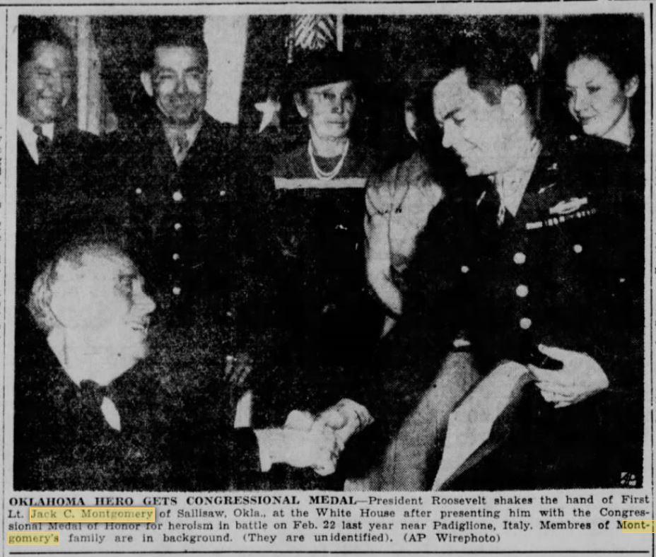 Jack C. Montgomery is awarded the Congressional Medal of Honor by President Franklin D. Roosevelt for his heroism in Italy during WW2.