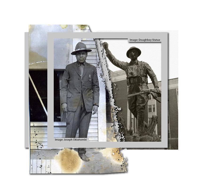 “The Spirit of the American Doughboy” statue and WW1 Veteran Joseph Oklahombi.