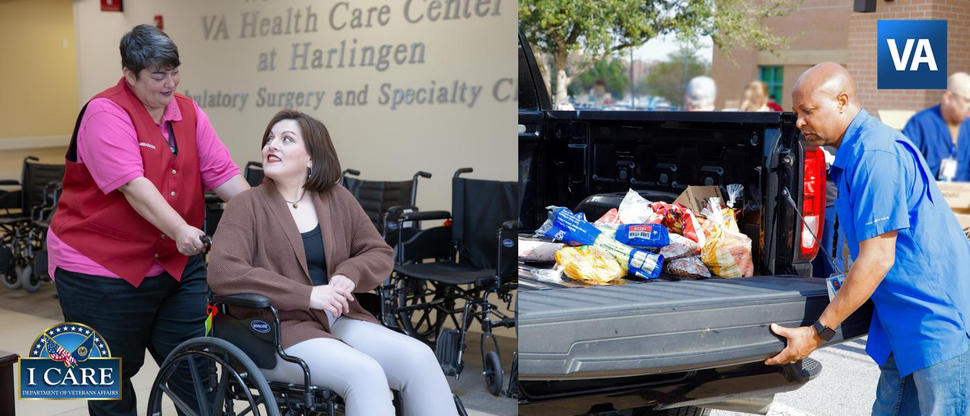 Center for Development and Civic Engagement staff help Veterans with wheelchair assistance and hand out food at our monthly distributions.