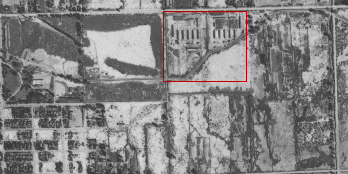 1937 aerial of Grand Junction showing the Civilian Conservation Corps’ Department of Grazing Camp, GR-2, just east of Lincoln Park.