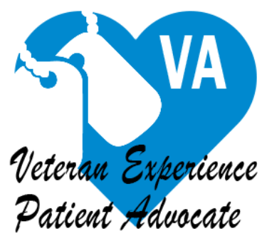 Blue Heart with dog-tag silhouette. text in script font Veteran Experience Patient Advocate