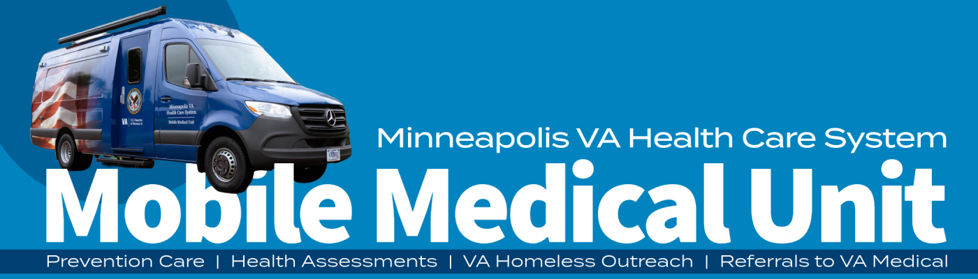 White text that reads "Mobile Medical Unit" on a blue background with a read, white, and blue van.