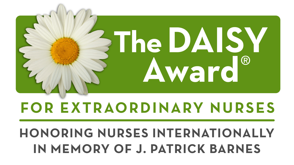 Daisy flower on green background with text, The DAISY award for extraordinary nursing faculty.
