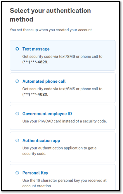Login.gov select MFA method screen