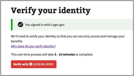 Confirm that you signed in with Login.gov and select Verify with Login.gov