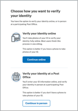 Choose how you want to verify your identity. You can continue online or continue in person.