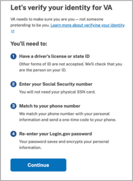 Login.gov identity verification process: Let's verify your identity for VA screen