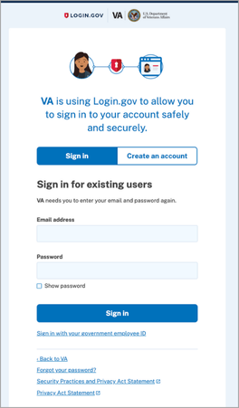 Sign in screen for existing users to Login.gov with a field for email address and password