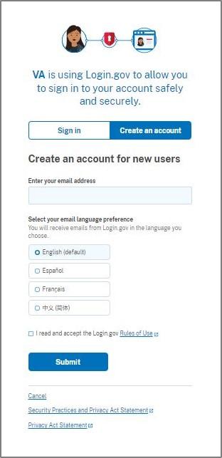 Login.gov account creation process: Create account step