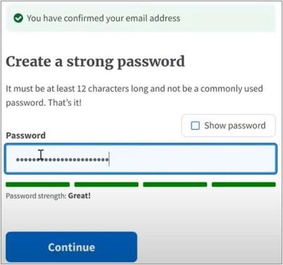 Login.gov create account process: Create a strong password step.