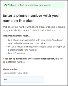 Login.gov identity verification process: Enter your phone with your name on the plan