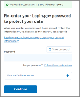 Login.gov identity verification process: Re-enter your Login.gov password
