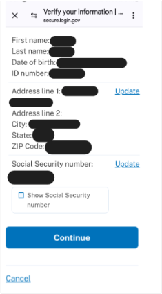 Login.gov Verify your information screen as part of identity verification process.