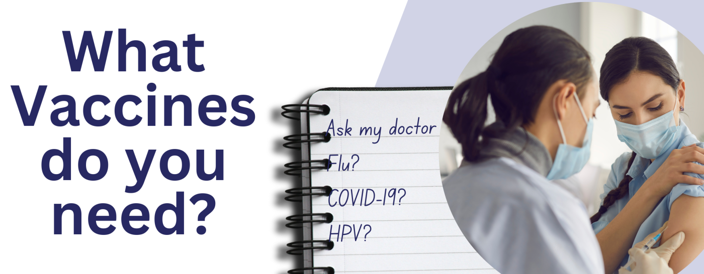 Rectangular banner reading, "What Vaccines do you need?" on a white and purple background with a notepad and a doctor giving a shot to a patient.