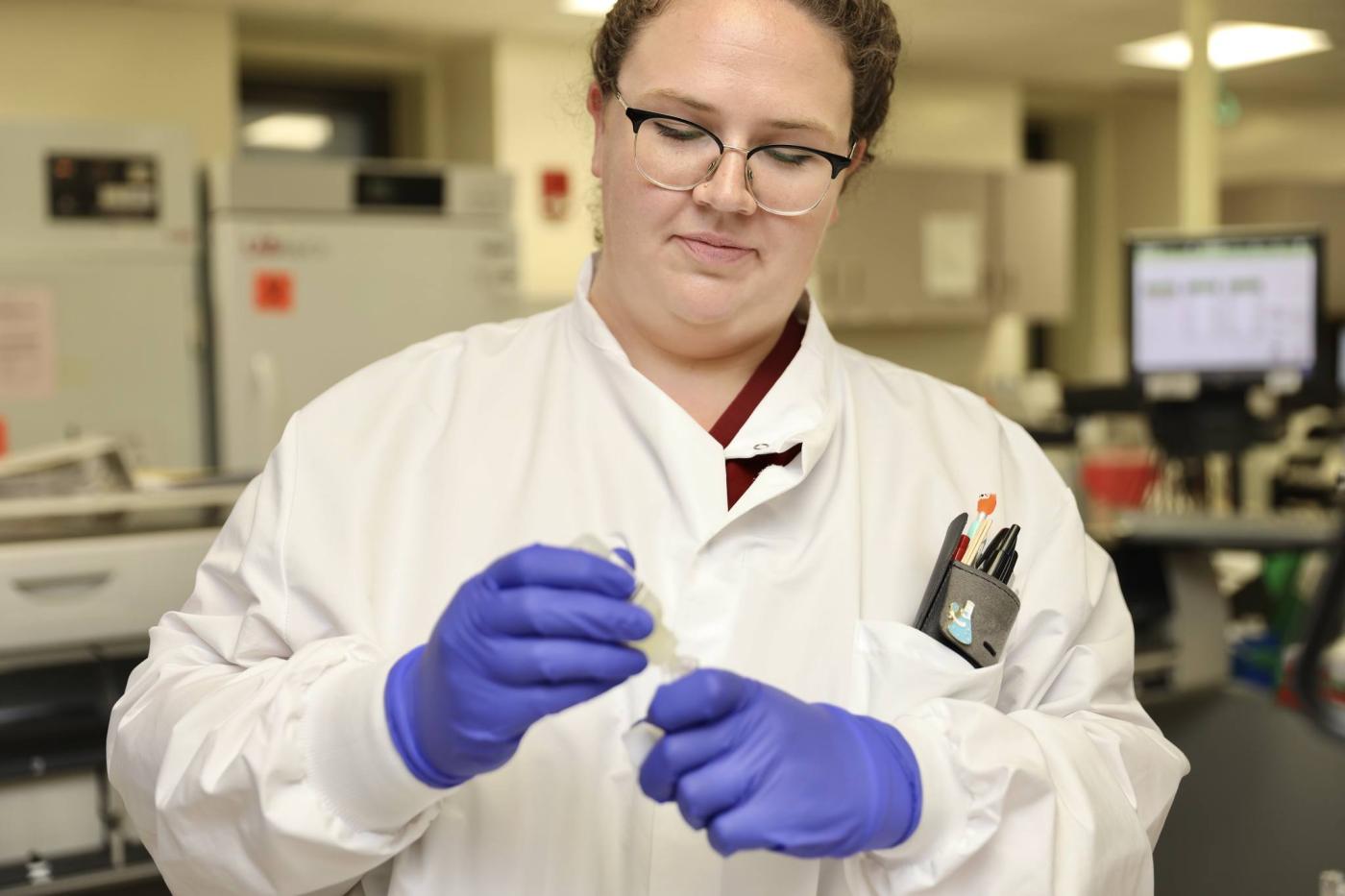 Medical laboratory scientist in Clinical Chemistry at VA Connecticut Healthcare System performing quality control, June 2024.