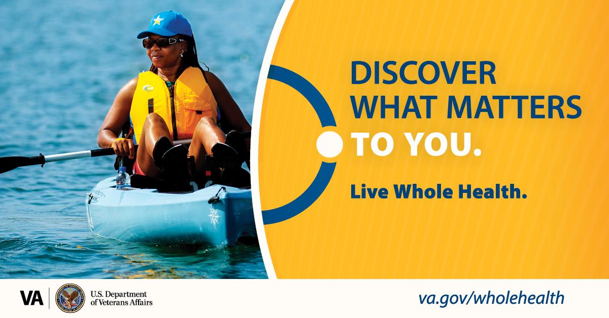 Woman canoeing with Whole Health Logo - Discover What Matters, attached.