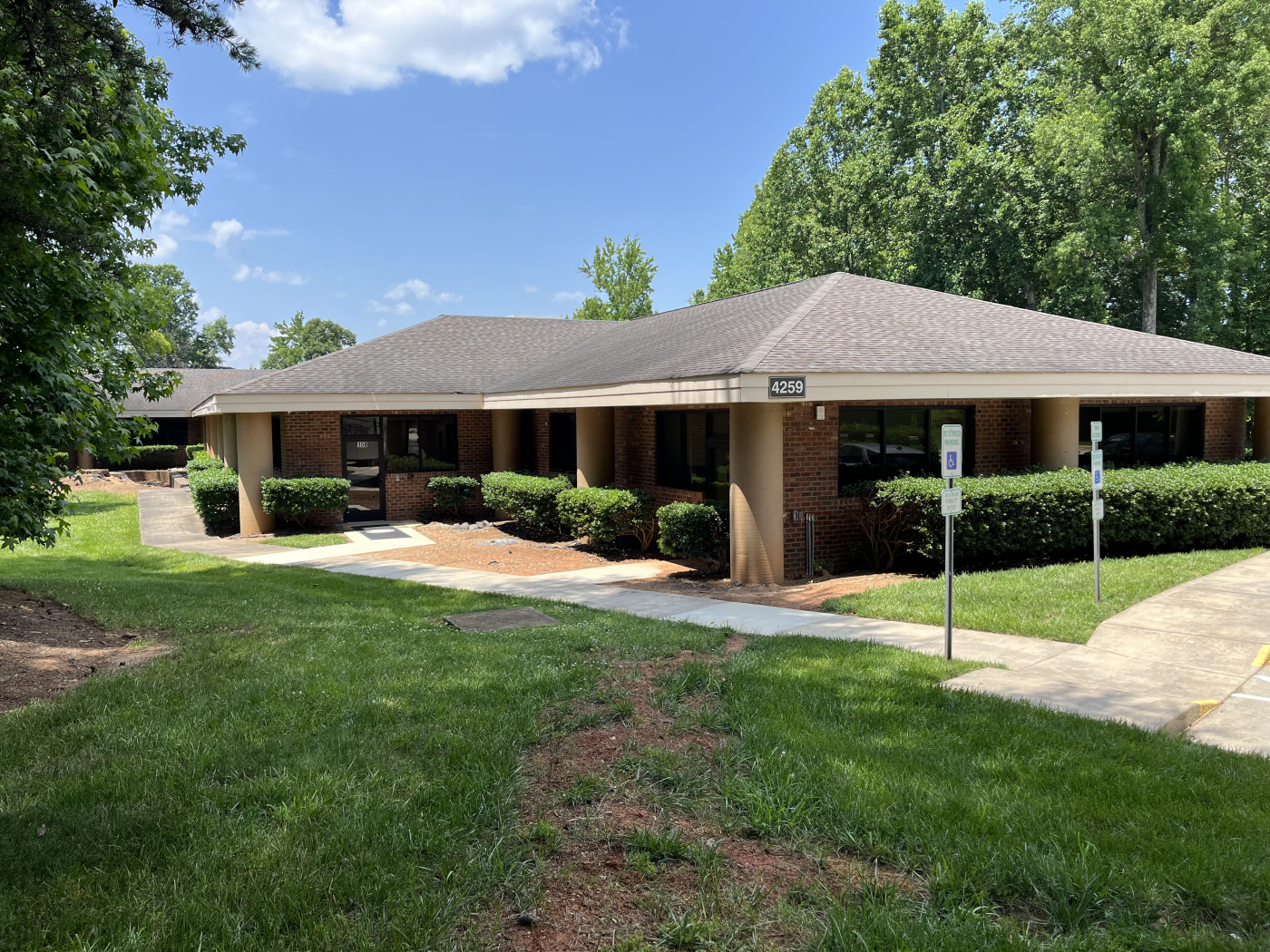 A single story brick building
