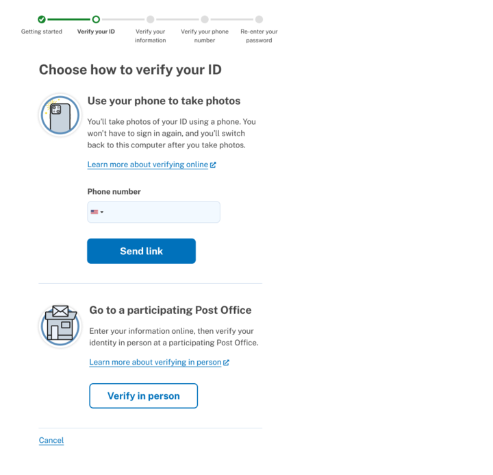 Login.gov's "choose how to verify your ID" step in the identity verification process. Options are to use a phone or go to a participating Post Office.