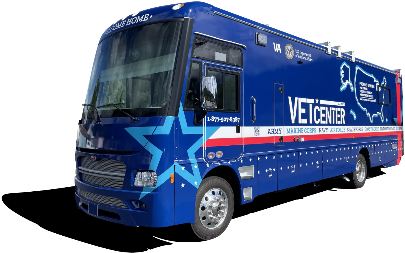 A blue 2024 Winnebago modified to hold two offices, bathroom, small refrigerator, generator, ADA Compliant wheelchair lift, with communication options