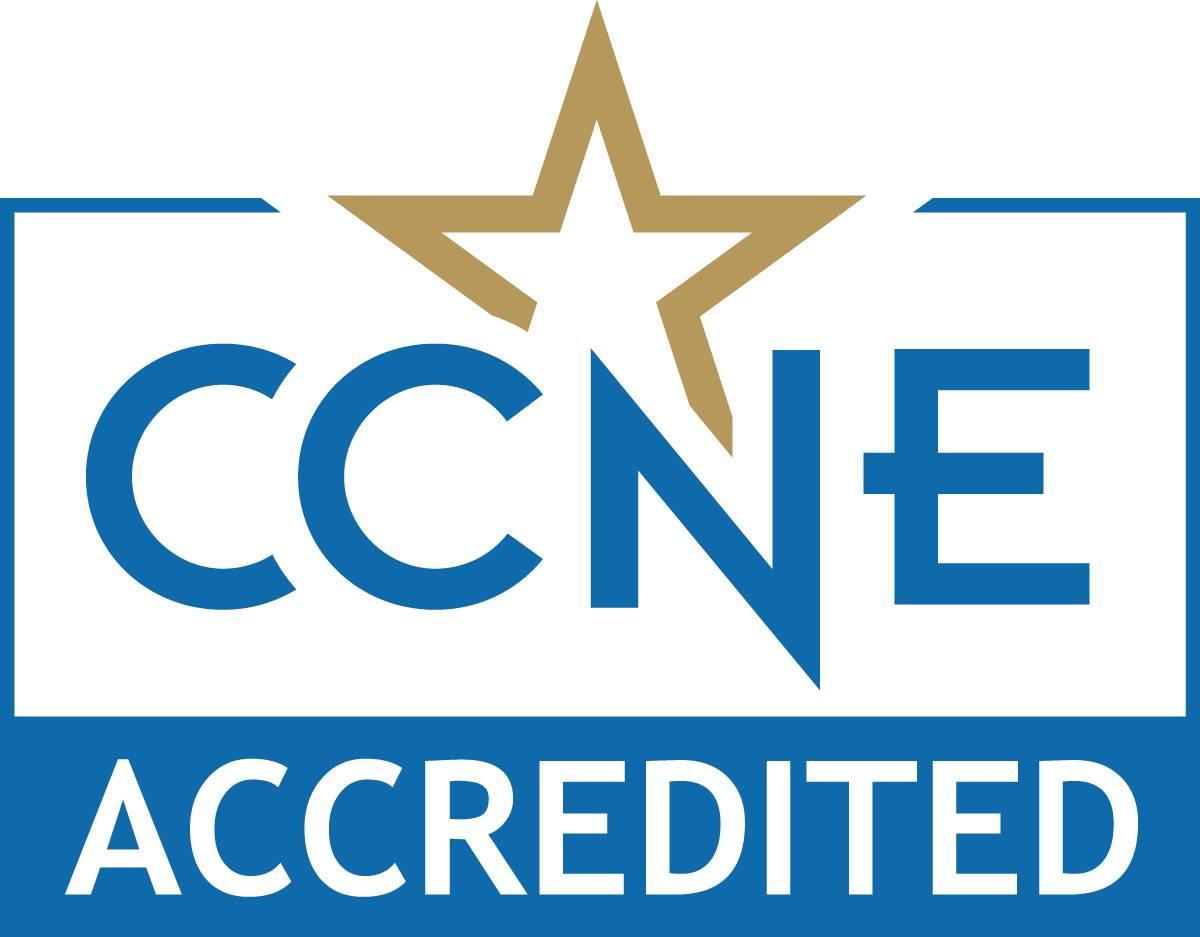 Logo for CCNE Accredited with blue text and gold star.