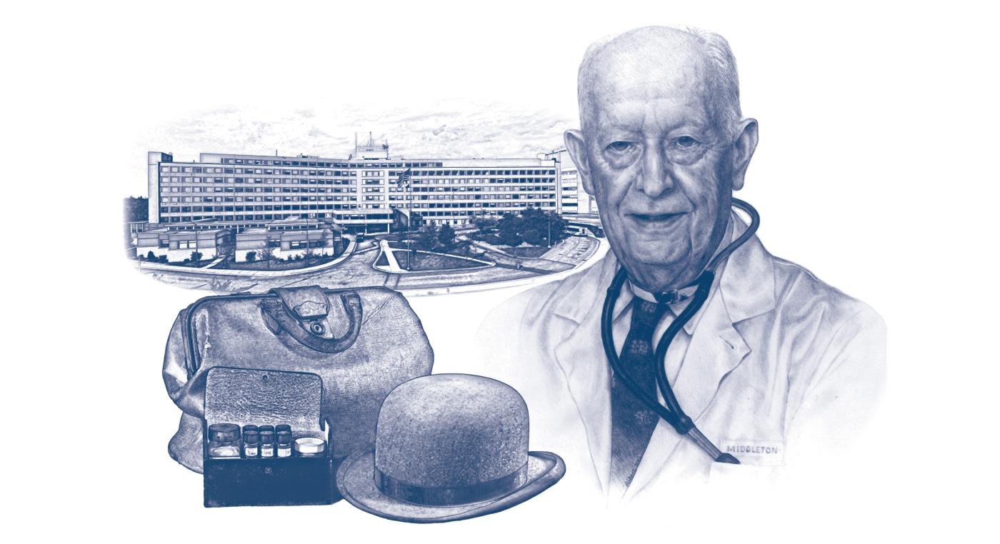 Elderly doctor with stethoscope, holding hat and pacemaker, in front of hospital.
