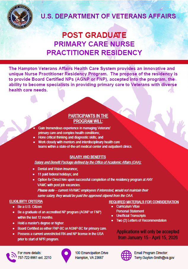 Poster for Post Graduate Primary Care Nurse Practitioner Residency by U.S. Department of Veterans Affairs.