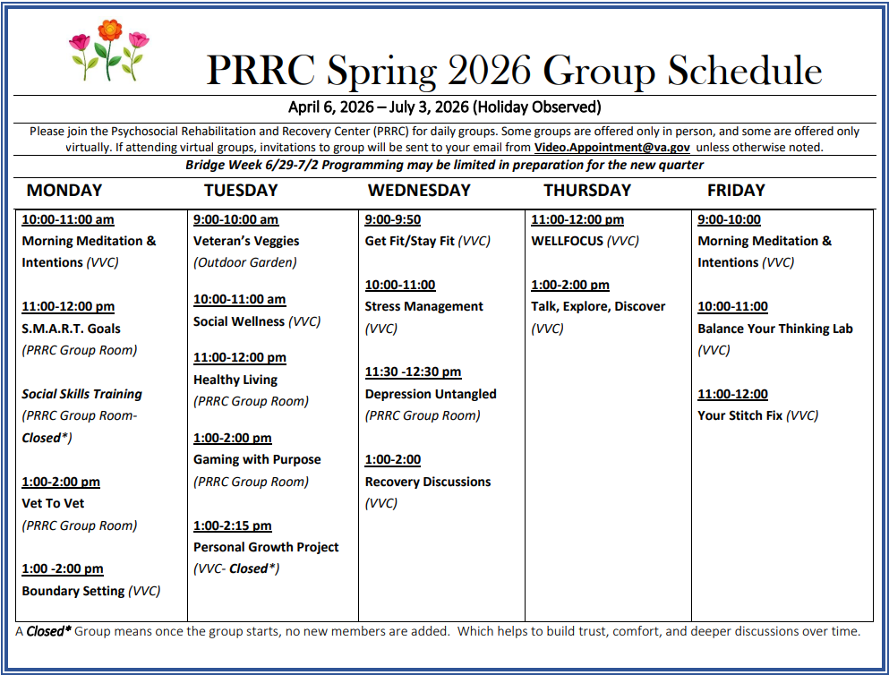 PRRC Spring 2026 Group Schedule document with dates and activities listed.