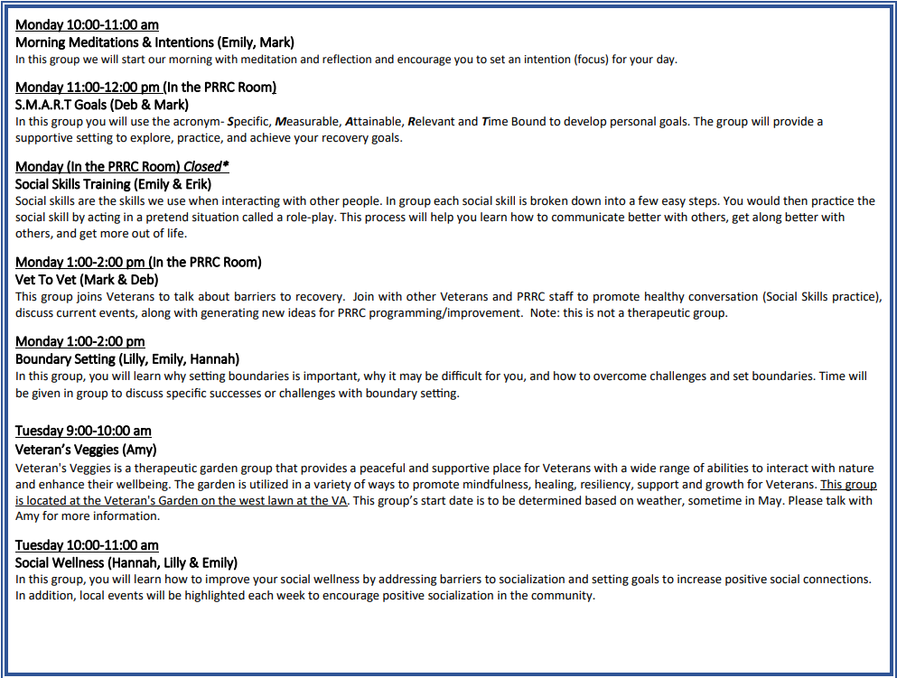 Schedule with dates, times, and activities for the week.