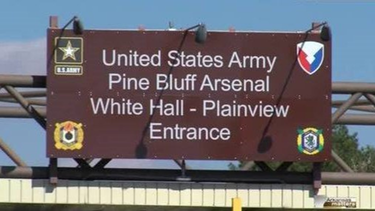 Sign reading "United States Army Pine Bluff Arsenal White Hall - Plainview Entrance"