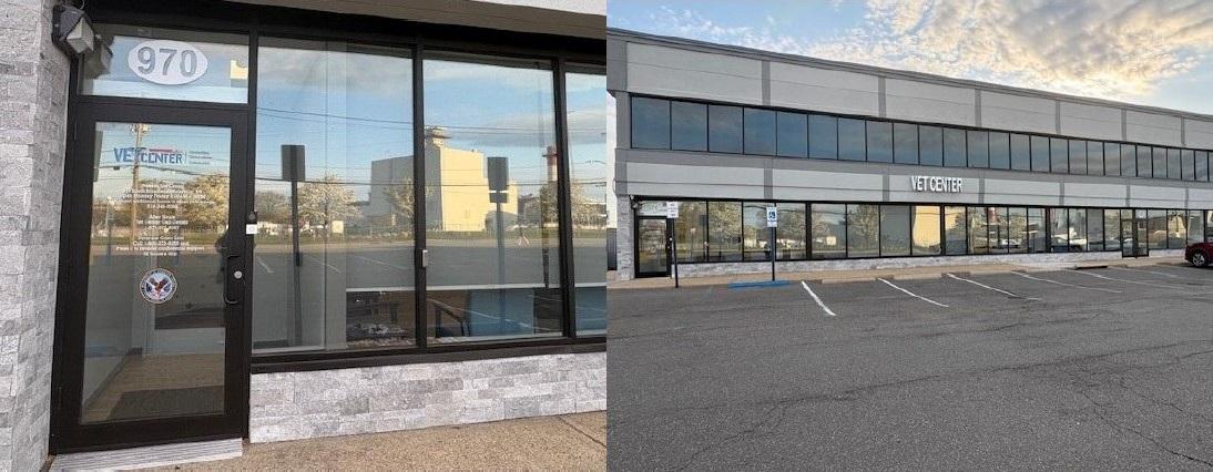 Collage of two photos: storefront with glass doors and windows, and an empty parking lot.