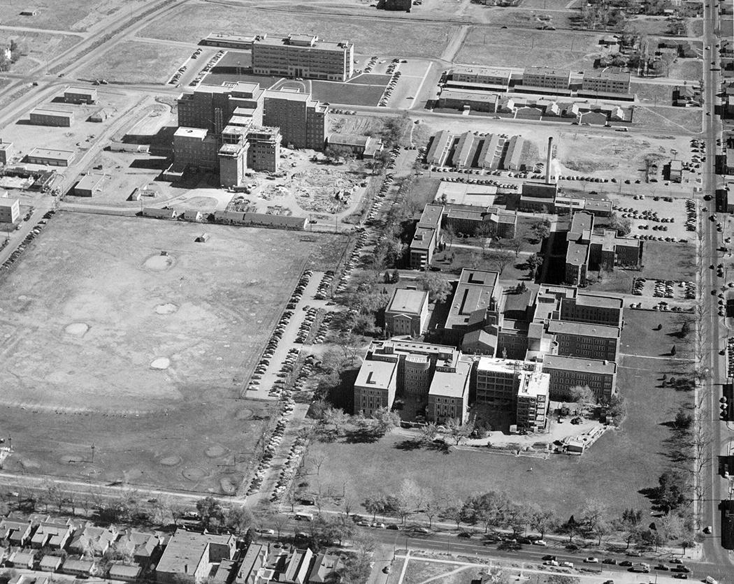 Black and white aerial view of Denver Medical Center Hospitals.