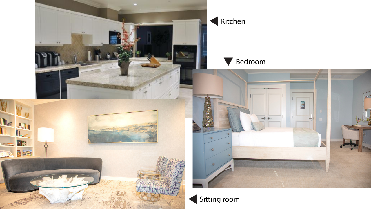 Collage of kitchen, bedroom, and living room designs.