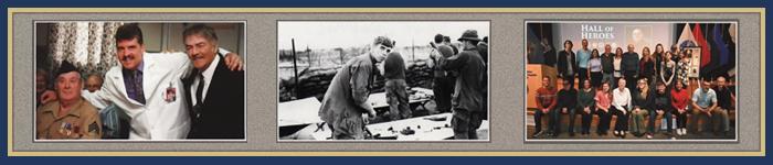 Collage of three images: two men in uniforms, black and white photo of people working, group photo of people standing together.