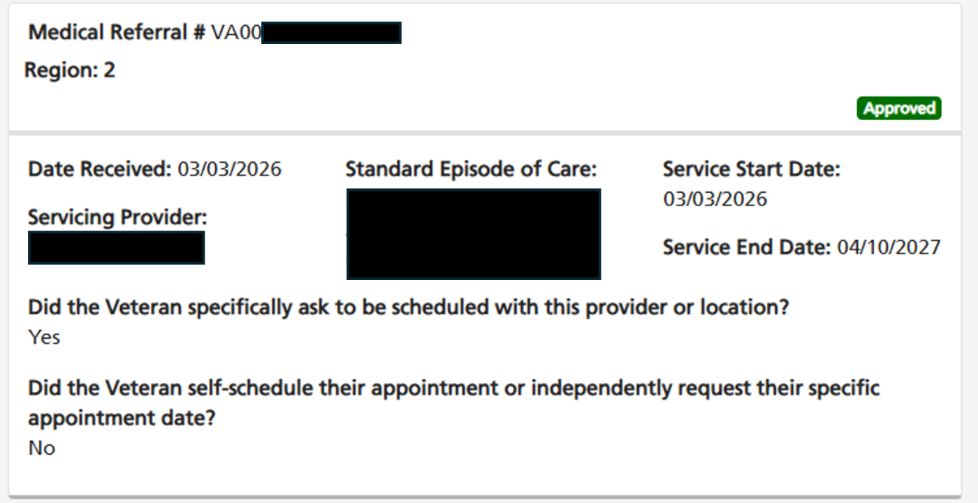 Medical referral document with redacted personal information and approval status.