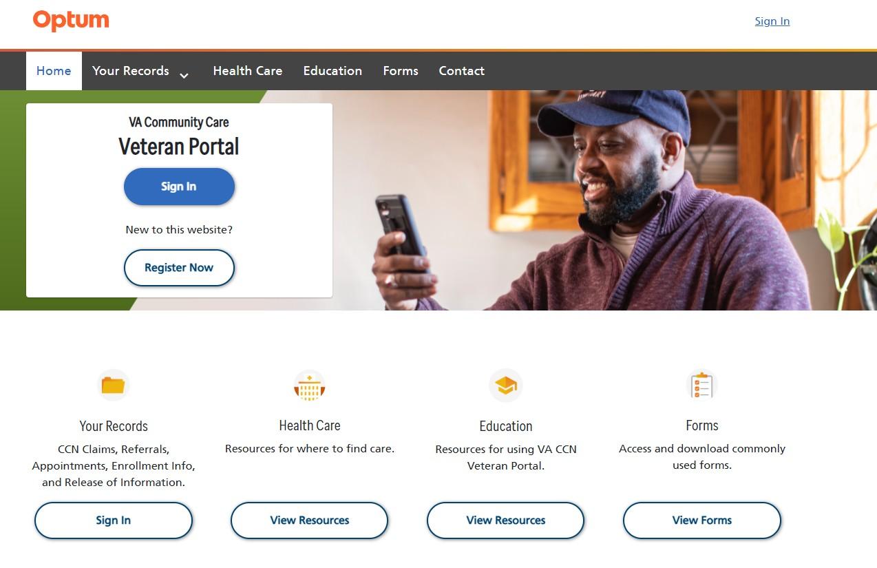 Man in cap holding phone with a "Veteran Portal" sign-up prompt.