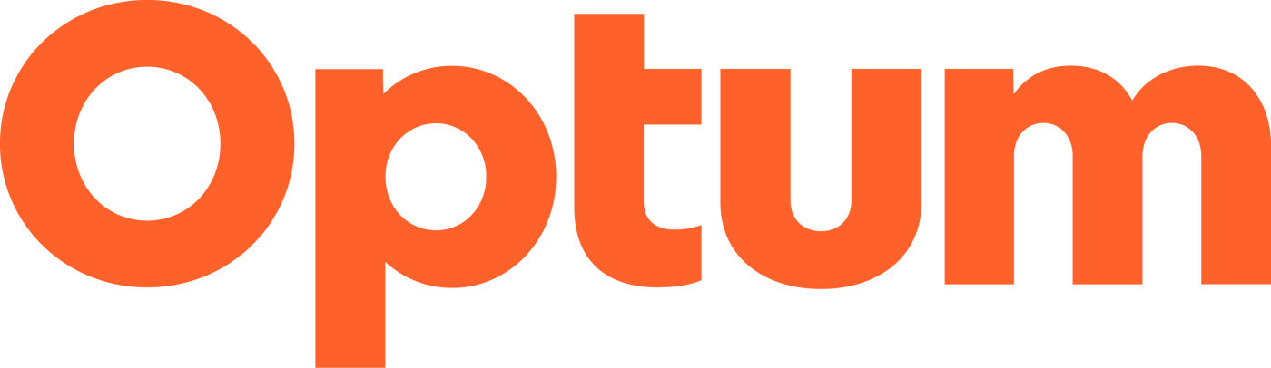 "Optum" in bold orange letters on black background, logo graphic.