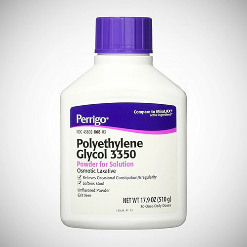 White bottle of Polyethylene Glycol 3350 powder with purple cap.