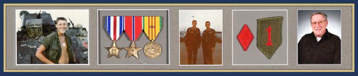 Four images: man in military uniform, medals, silhouette of man with rifle, and man in suit.