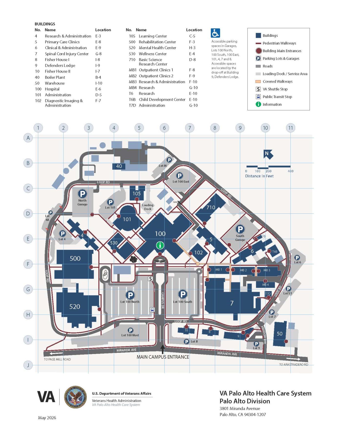 Palo Alto VA hospital campus map with buildings, pathways, and key locations indicated.