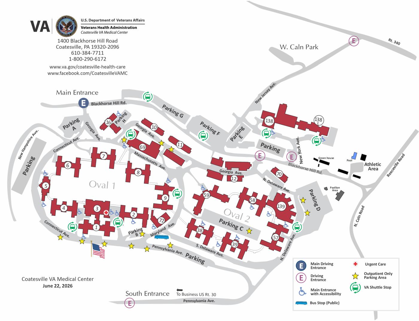 Map of campus with buildings, roads, and parking lots marked.