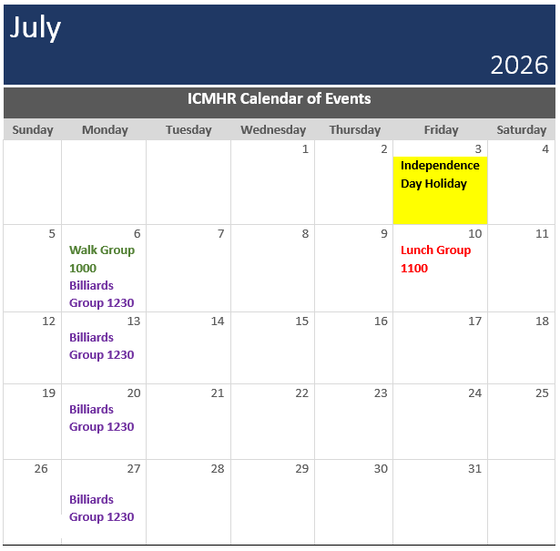 July 2026 calendar with Independence Day Holiday marked on July 4.