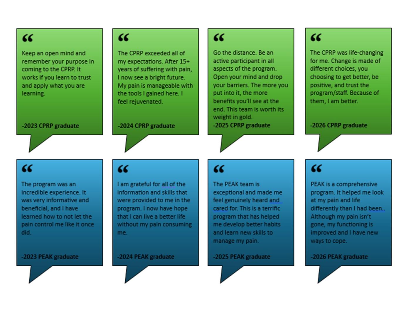 Nine speech bubbles with quotes from different people, arranged in two rows.