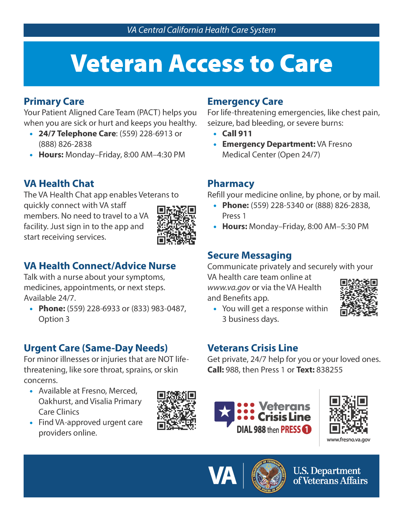 Flyer with information on veteran access to care services and contact details.
