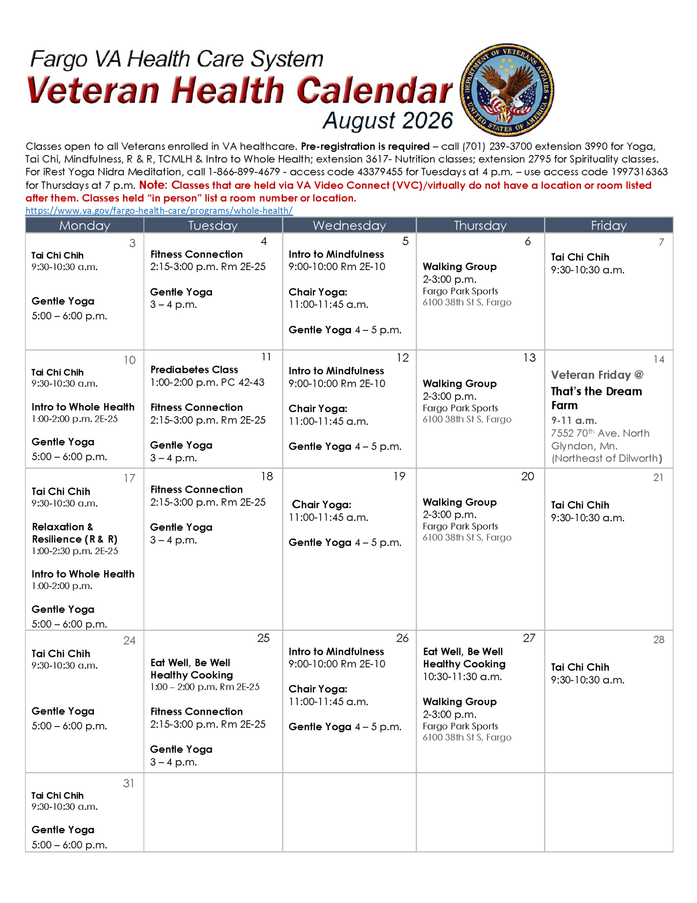 VA Veteran Health Calendar for August 2020 with events and dates.