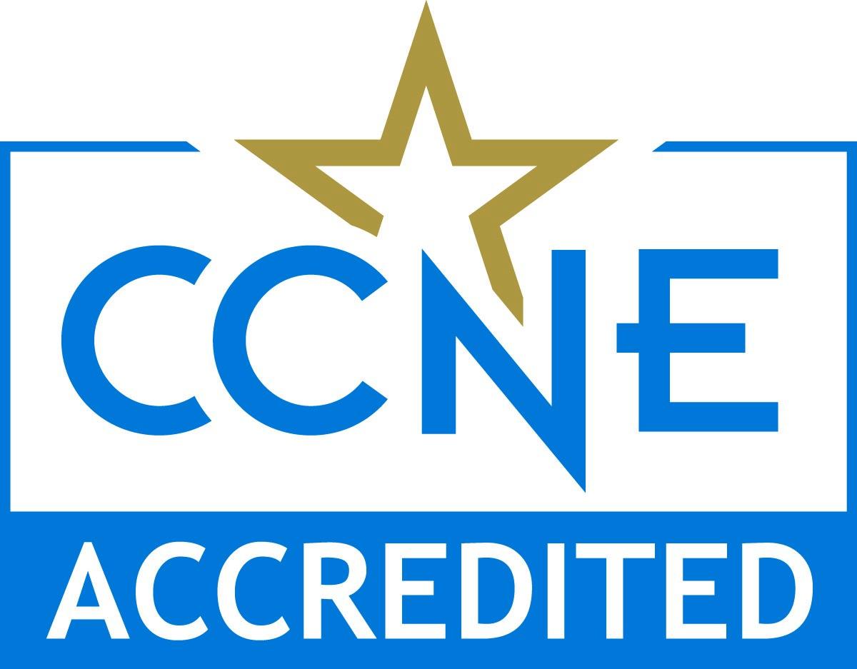 CCNE Accredited logo with blue letters and gold star.