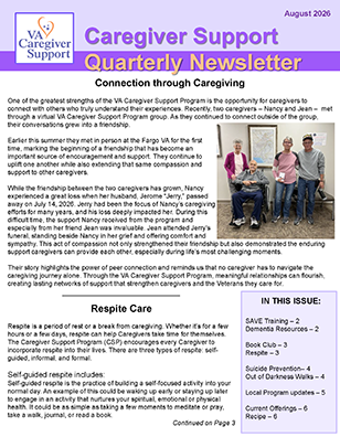 Caregiver Support Quarterly Newsletter cover with photo of three people and text.