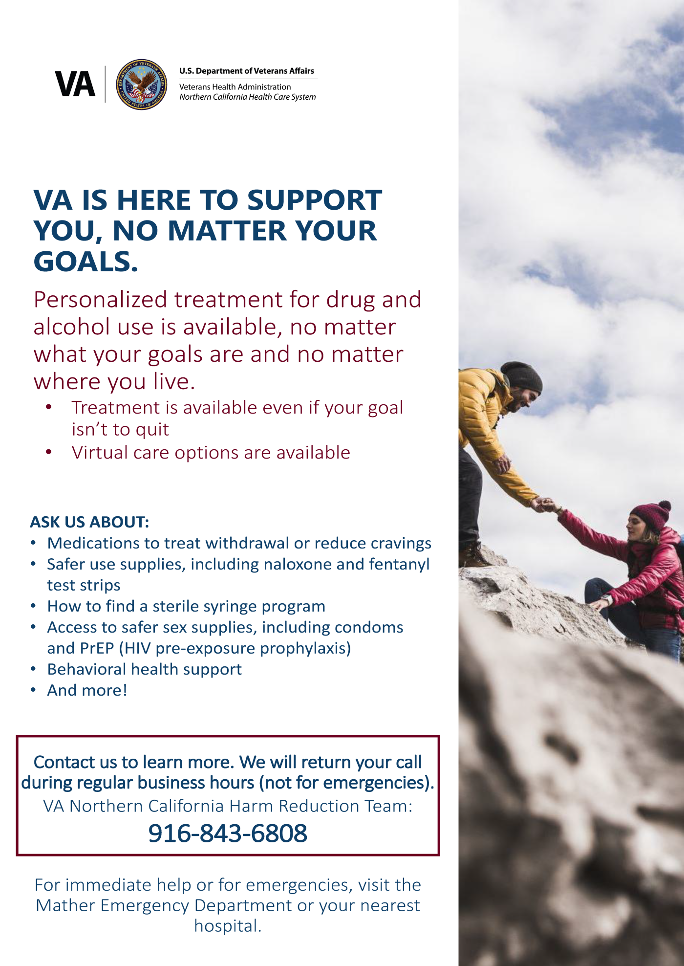 VA poster with mountain climbers. "VA is here to support you, no matter your goals."