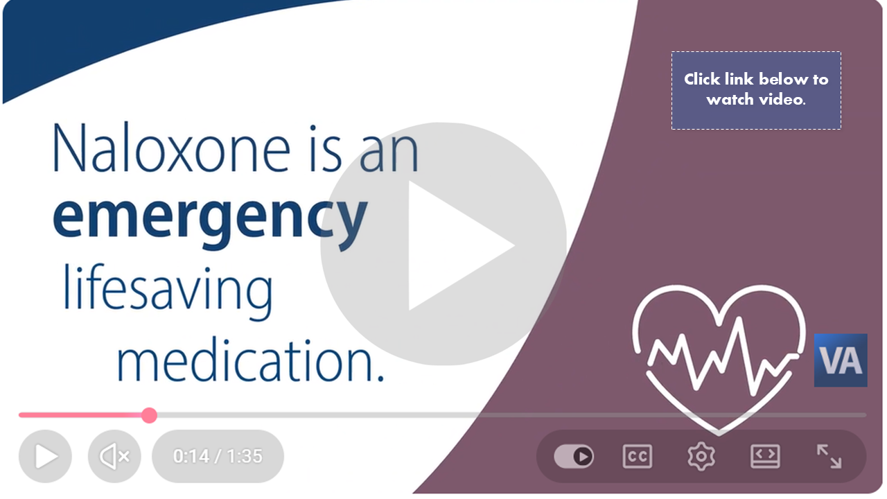 Graphic with play button, heart icon, and text: Naloxone is an emergency lifesaving medication.